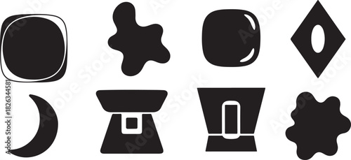 Collection of eight various abstract geometric and organic shapes graphic elements for modern design and conceptual art projects