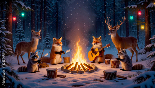 Wild animals gather around the campfire in the evening.