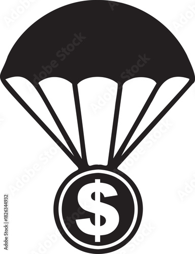 Parachute delivering dollar coin black and white vector illustration representing financial aid monetary relief air drop funding concept