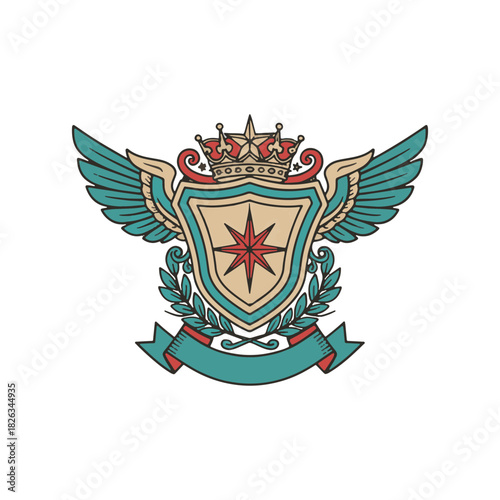 Winged heraldic shield with crown, laurel wreath and compass star,  (vector emblem)
Royal coat of arms crest 
crowned shield with wings, laurel and ribbon banner
AI generated