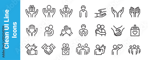 Set of 20 clean ui line icons. hands holding gift heart human praying clapping support