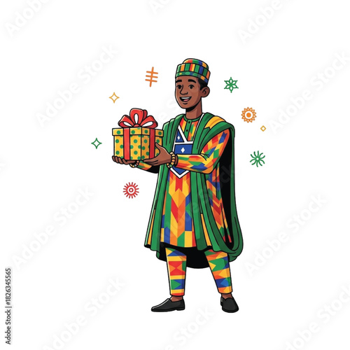 Vibrant cultural celebration illustration of a smiling individual in traditional African attire presenting a beautifully wrapped gift, embodying joy and generous giving