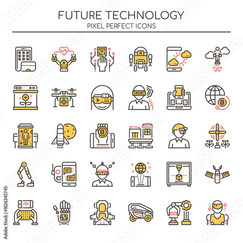 Future Technology Line Icons – Robotics, VR, AI, Smart Devices, Innovation Illustration Set