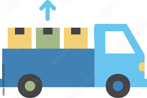 Blue delivery truck carrying shipping boxes with an upward arrow, symbolizing logistics, freight transport, and goods distribution
