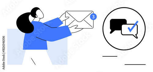 Person holding an email envelope with notification badge alongside messaging features with a check mark. Ideal for communication, teamwork, notifications, updates, technology, mobile use, simple flat