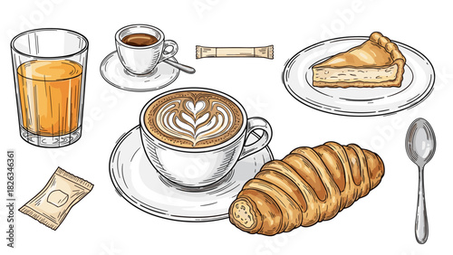 Hand Drawn Italian Breakfast Vector Set Sketch Style Cappuccino Cup with Latte Art and Cornetto Pastry Illustration for Cafe Menu and La Dolce Vita Design 
