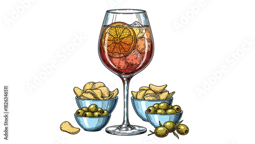 Aperitivo Cocktail and Snack Sketch Vector Set Hand Drawn Spritz Glass with Orange Slice Olives and Chips Line Art for Bar Menu and Happy Hour.