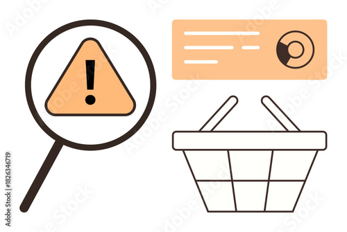 Magnifying glass over warning sign, data dashboard, and shopping basket highlighting risk analysis. Ideal for business caution, e-commerce security, data analysis, compliance, error prevention, fraud
