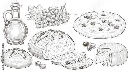 A collection of breads focusing on rustic Italian varieties. A round loaf of Pane di Casa with flour dusting (stippled texture) and distinct scoring marks. A slab of Focaccia studded with rosemary.
