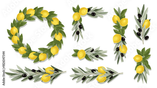 Italian Lemon and Olive Branch Sketch Vector Border Set Hand Drawn Mediterranean Citrus and Foliage Frame for Wedding Invitation and Menu.
