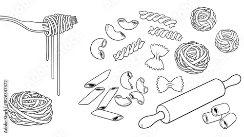 Hand Drawn Pasta Making Vector Set Sketch Style Spaghetti on Fork Raw Macaroni Shapes and Rolling Pin Illustration for Restaurant Menu