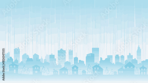 Stylized blue silhouette of a city skyline under falling rain or data streams
