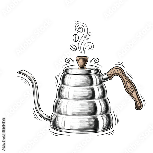 Detailed hand-drawn illustration of a vintage gooseneck coffee kettle with steam and coffee beans, perfect for pour-over brewing and aromatic morning beverages