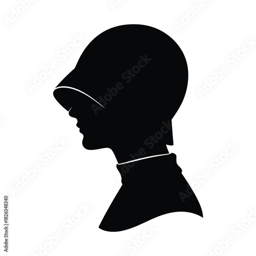 Black silhouette of a persons head in profile, wearing a protective helmet or hat, against a clean