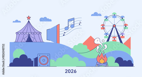 Vibrant 2026 festival celebration with music, Ferris wheel, campground, and circus tent promising fun and entertainment for all ages in a whimsical style