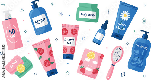Personal care products, skincare items, hygiene essentials, soap, shampoo, sunscreen, hand cream, body scrub, flat vector illustration