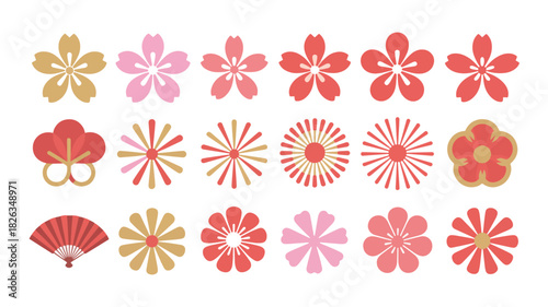 Collection of japanese traditional floral and fan design elements
