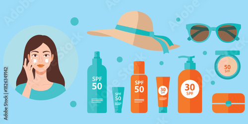 Sun protection products, sunscreen bottles, SPF skincare, summer accessories, wide-brim hat, sunglasses, healthy skin, UV defense, flat vector illustration