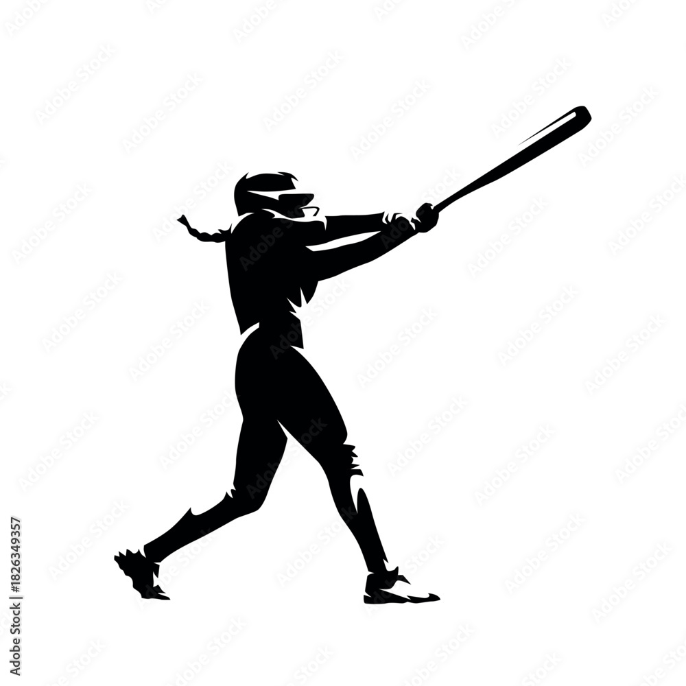 Fototapeta premium Softball player, woman playing softball, female batter, isolated vector silhouette