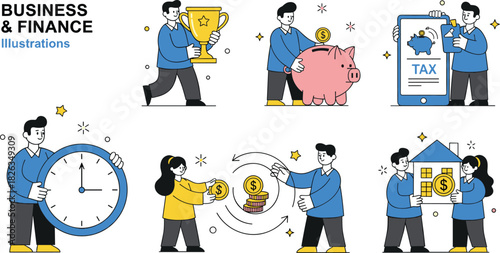 Business finance, money saving, tax planning, time management, currency exchange, investment success, financial activity, flat vector illustration, cartoon style, economy**