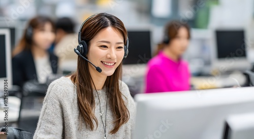 Smiling female customer service agent wearing a headset in a busy office