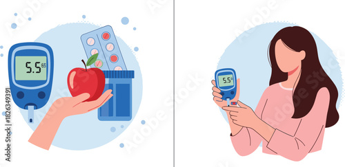 Diabetes monitoring, glucose meter, healthy lifestyle, blood sugar check, apple nutrition, medication management, diabetic care, flat vector illustration, health device, wellness