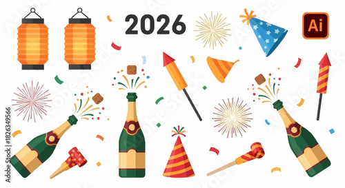 Get ready to celebrate 2026 with festive champagne, party favors, and vibrant fireworks, perfect for invitations, banners, and holiday promotions