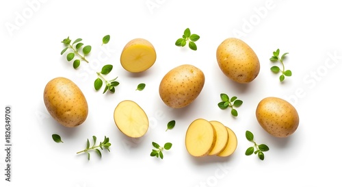 Potatoes and fresh herbs flat lay food photography cooking ingredient on white background