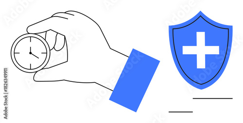 Hand holding a clock beside a shield with a cross. Concept of health, time, security, efficiency, planning, reliability prevention. Ideal for healthcare insurance or productivity themes. Simple