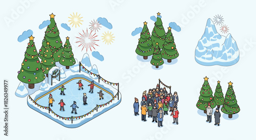 Festive winter wonderland ice skating scene with holiday cheer and fireworks, perfect for Christmas cards, holiday marketing, and seasonal celebrations