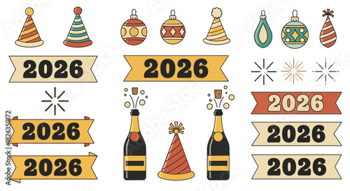 Celebrate 2026 New Year with retro party hats, sparkling champagne, fireworks, and festive ornaments for a joyous celebration, originally vector graphics