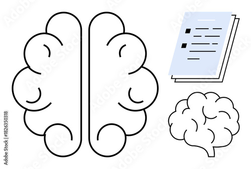 Brain outline with detailed structure and document with text highlights mental processes, learning, and strategy. Ideal for education, analysis, creativity, problem-solving, memory, innovation