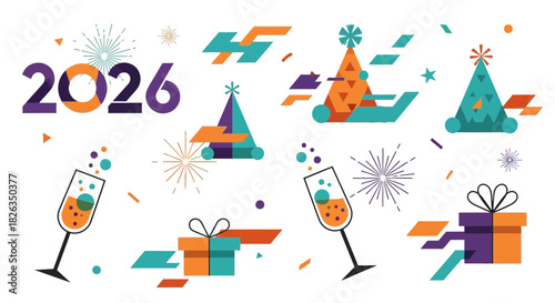 Vibrant 2026 New Year Celebration Design with Festive Party Hats, Champagne Toast, and Gift Boxes for a Modern Holiday Greeting Card or Invitation