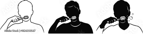 Three icons set of a man brushing teeth for oral hygiene, dental care, morning routine, healthy lifestyle, cleanliness, and self-care