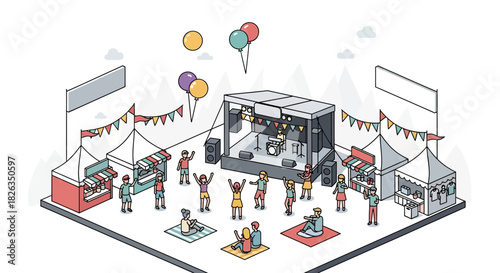Festive outdoor concert illustration with cheerful crowd, vendor booths, and lively music, perfect for event promotions and summer festival designs