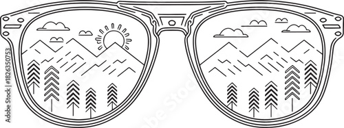 A minimalist line art illustration showing a mountain and forest scene reflected in a pair of sunglasses, ideal for apparel or graphic design.