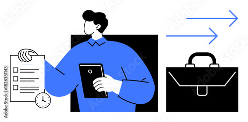Man holding checklist and tablet, clock symbolizing deadlines, arrows for workflow, and briefcase for work tasks. Ideal for time management, productivity, planning, business strategy, organization