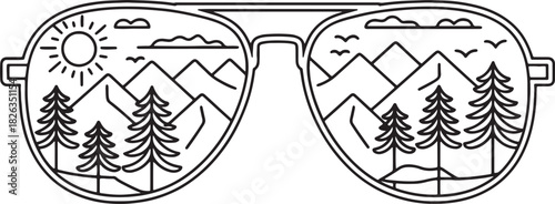 A minimalist line art illustration showing a mountain and forest scene reflected in a pair of sunglasses, ideal for apparel or graphic design.