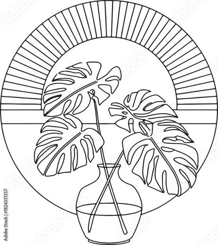 A minimalist line art illustration of Monstera leaves in a vase with the sun.