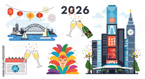 Celebrating 2026 around the world Sydney harbor, Rio carnival, toasting champagne in London, with colorful confetti and global cheer