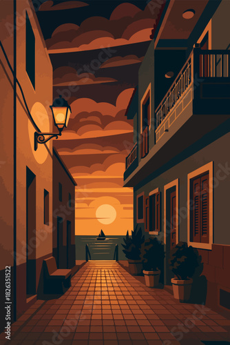 Spain - Tenerife - Puerto de Santiago - Mediterranean Sunset Alley art deco Illustration
