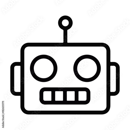 Simple line art icon of a classic, square-headed robot with an antenna and gears/teeth for a mouth, symbolizing AI, automation, or technology. Available as vector, JPG, and high-resolution PNG file.