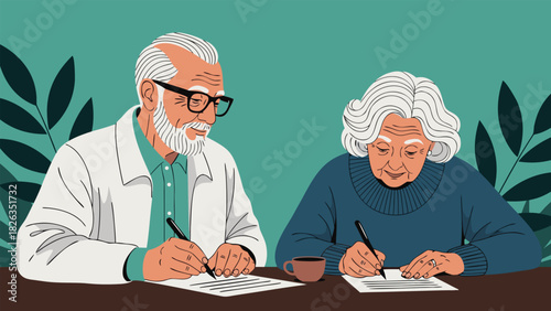 Wise seniors thoughtfully documenting their wishes, engaging in essential life planning activities