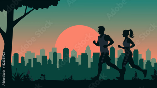 Active urban life Silhouettes of a couple jogging against a vibrant city sunset, promoting health and fitness