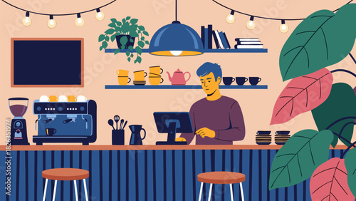 Barista working at a cozy coffee shop counter, preparing beverages with a friendly service attitude