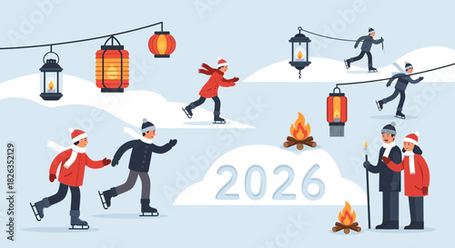 Celebrate Winter Fun Skating into 2026 New Year with Friends and Family Under Festive Lanterns, Sharing Joyful Moments in a Snowy Outdoor Scene