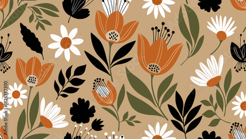 Vibrant floral seamless pattern with orange and white blossoms on a neutral backdrop, ideal for textiles and decor applications