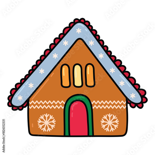 Hand Drawn Gingerbread House. Christmas dessert cookie icon in shape of a house.