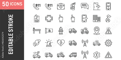 Emergency rescue and safety line icons collection featuring medical help, fire alert, communication symbols, first aid elements, and editable stroke vector designs.