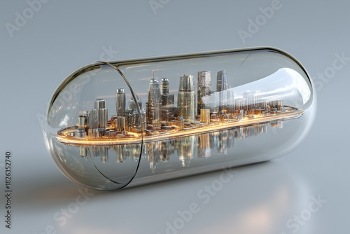 Urban microcosm capsule with illuminated skyscraper panorama